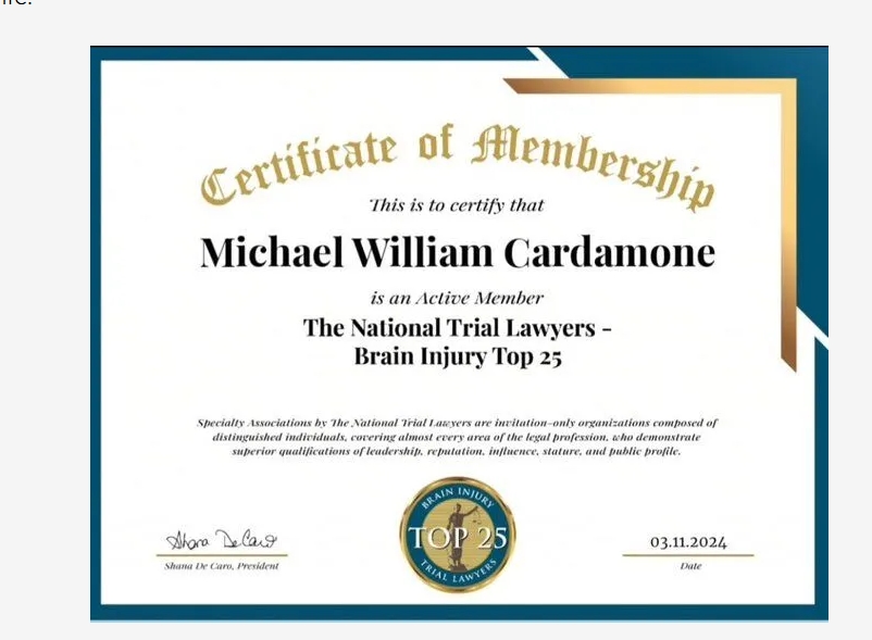 Michael William Cardamone - The National Trial Lawyers Brain Injury Top 25 Certificate